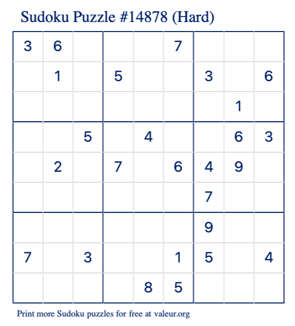 Free Printable Hard Sudoku Puzzle number 14878