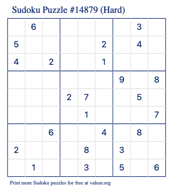 Free Printable Hard Sudoku Puzzle number 14879