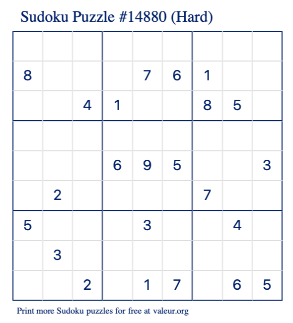 Free Printable Hard Sudoku Puzzle number 14880