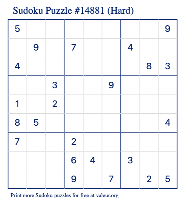 Free Printable Hard Sudoku Puzzle number 14881