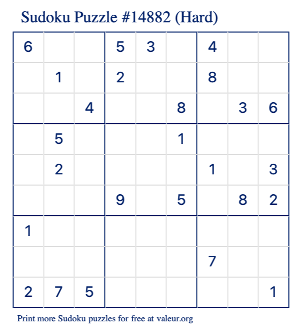 Free Printable Hard Sudoku Puzzle number 14882