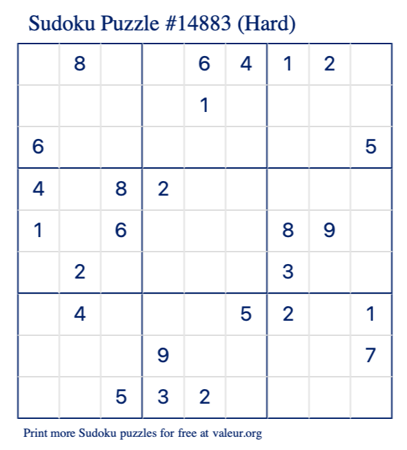 Free Printable Hard Sudoku Puzzle number 14883
