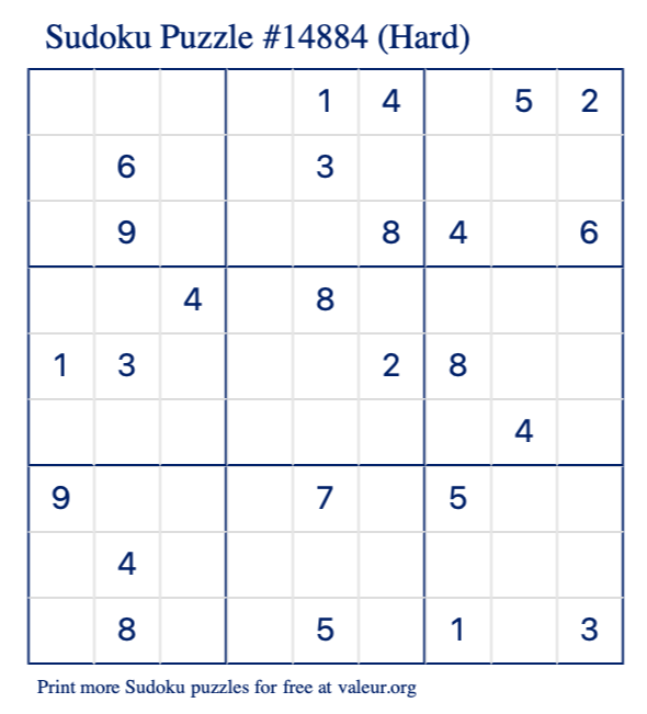 Free Printable Hard Sudoku Puzzle number 14884