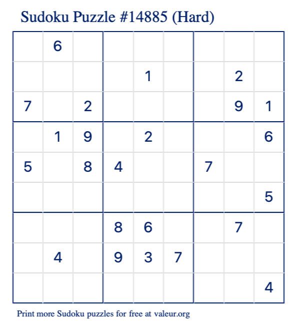 Free Printable Hard Sudoku Puzzle number 14885