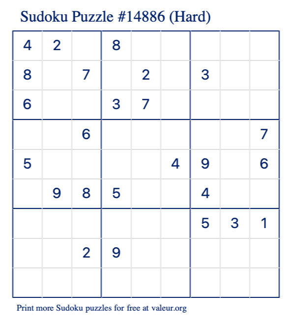 Free Printable Hard Sudoku Puzzle number 14886