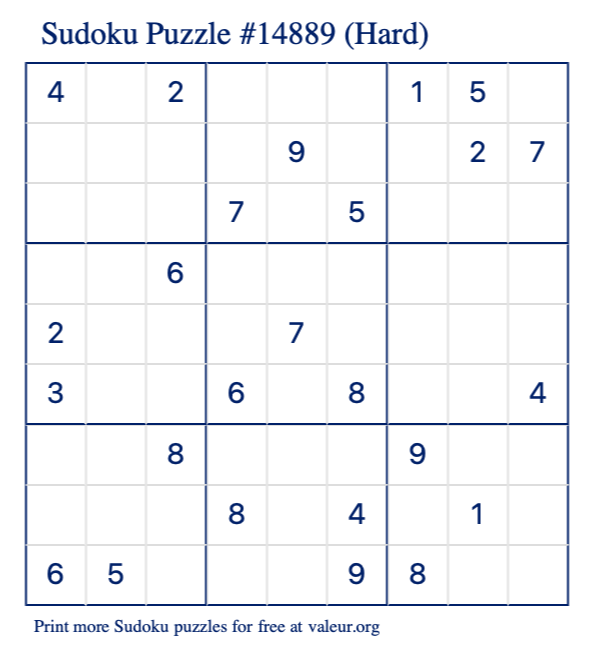 Free Printable Hard Sudoku Puzzle number 14889