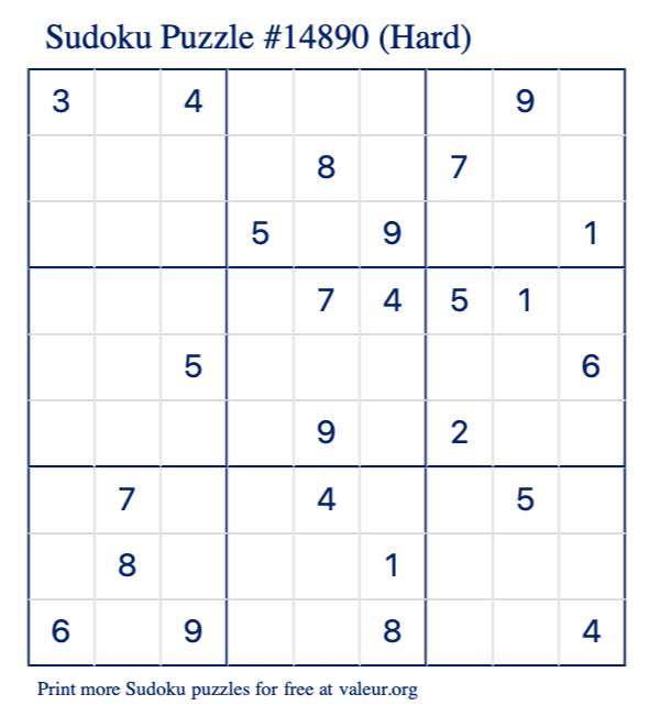 Free Printable Hard Sudoku Puzzle number 14890