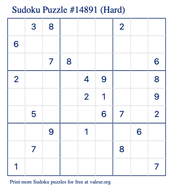 Free Printable Hard Sudoku Puzzle number 14891