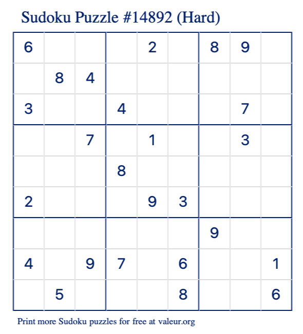 Free Printable Hard Sudoku Puzzle number 14892