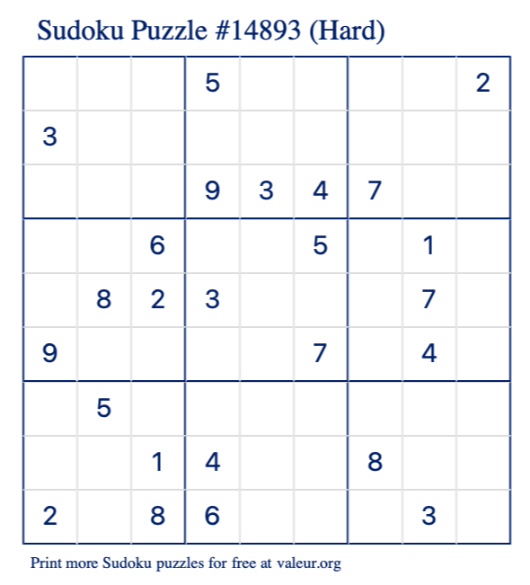 Free Printable Hard Sudoku Puzzle number 14893