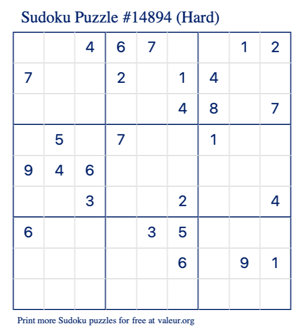 Free Printable Hard Sudoku Puzzle number 14894