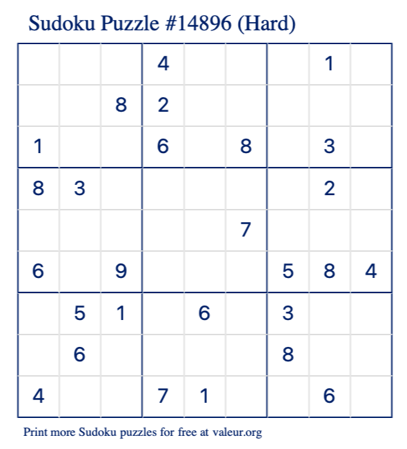 Free Printable Hard Sudoku Puzzle number 14896