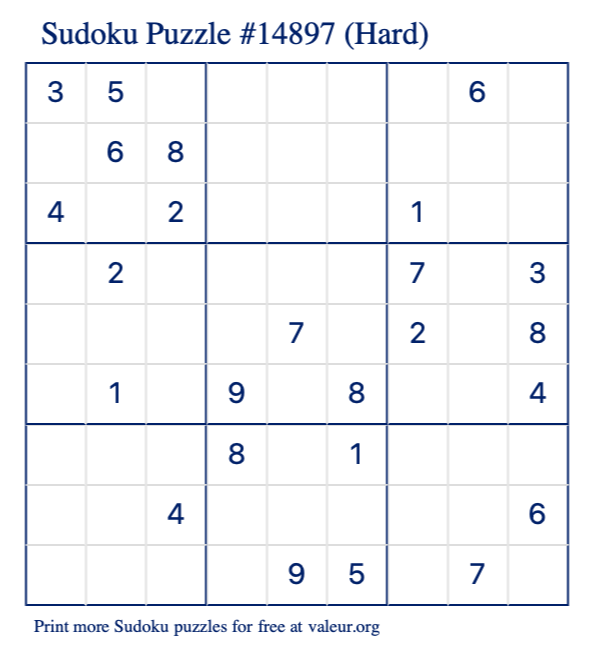 Free Printable Hard Sudoku Puzzle number 14897