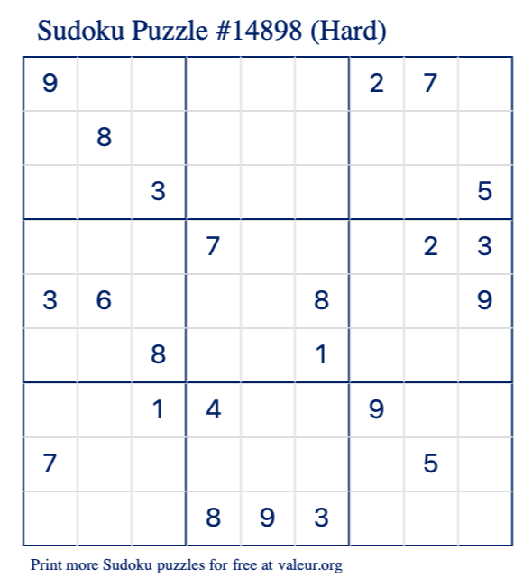 Free Printable Hard Sudoku Puzzle number 14898
