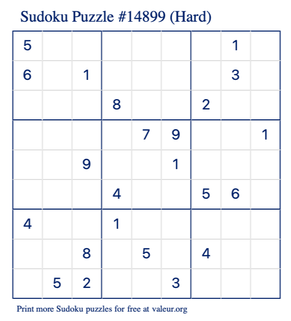 Free Printable Hard Sudoku Puzzle number 14899