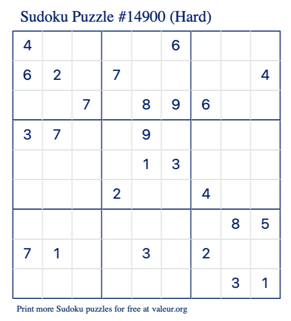 Free Printable Hard Sudoku Puzzle number 14900