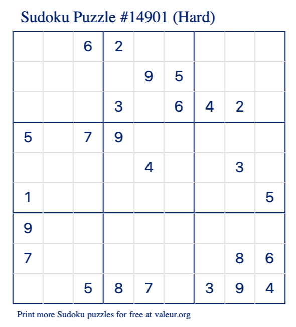 Free Printable Hard Sudoku Puzzle number 14901
