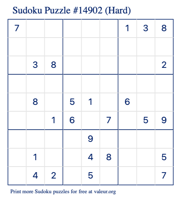 Free Printable Hard Sudoku Puzzle number 14902