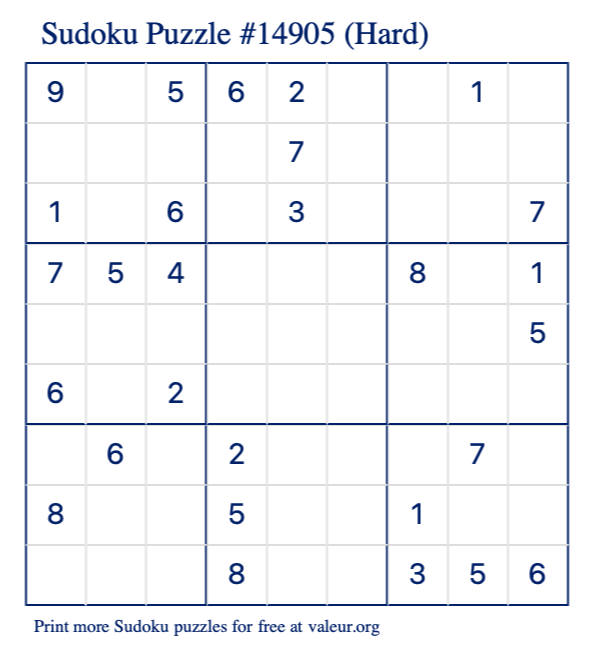 Free Printable Hard Sudoku Puzzle number 14905