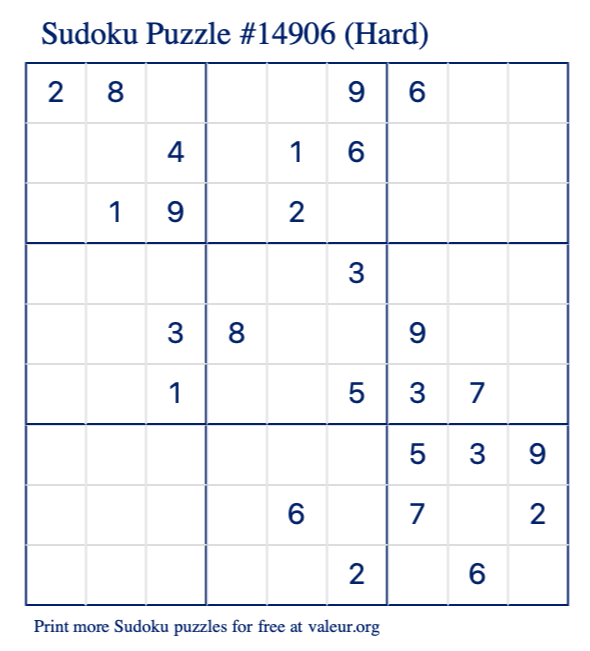 Free Printable Hard Sudoku Puzzle number 14906