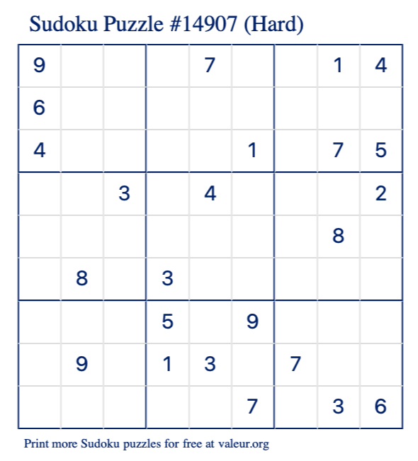 Free Printable Hard Sudoku Puzzle number 14907