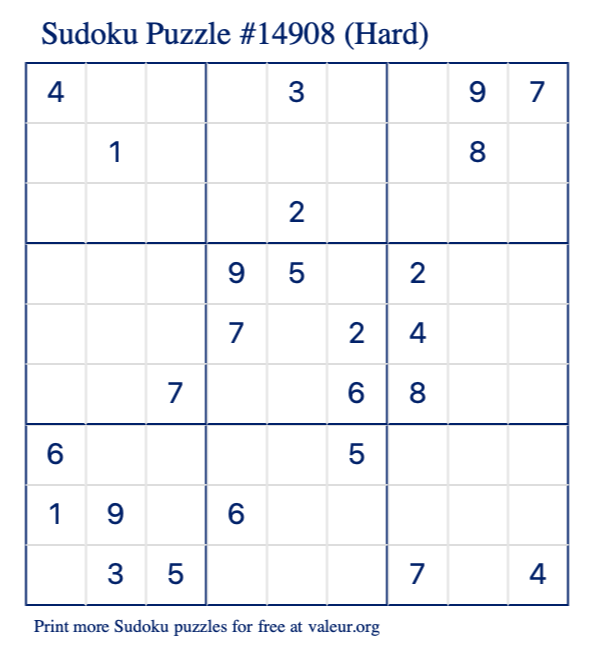 Free Printable Hard Sudoku Puzzle number 14908