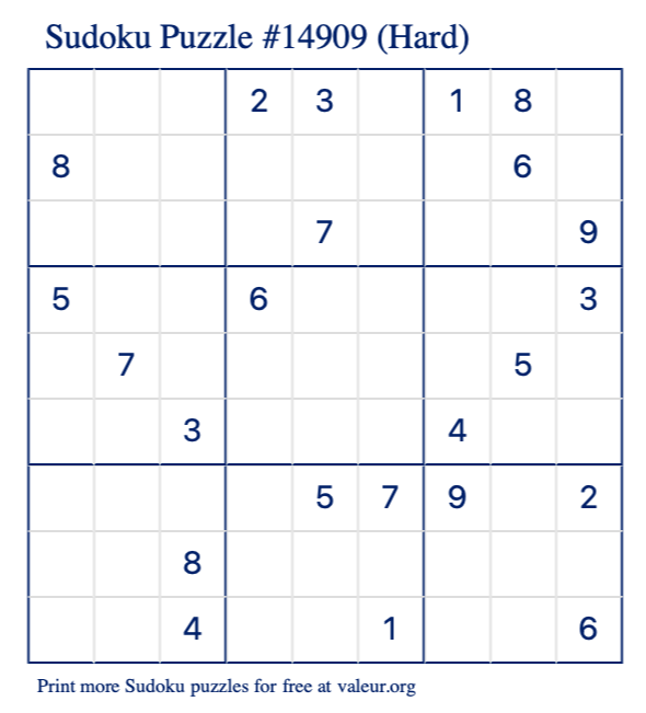 Free Printable Hard Sudoku Puzzle number 14909