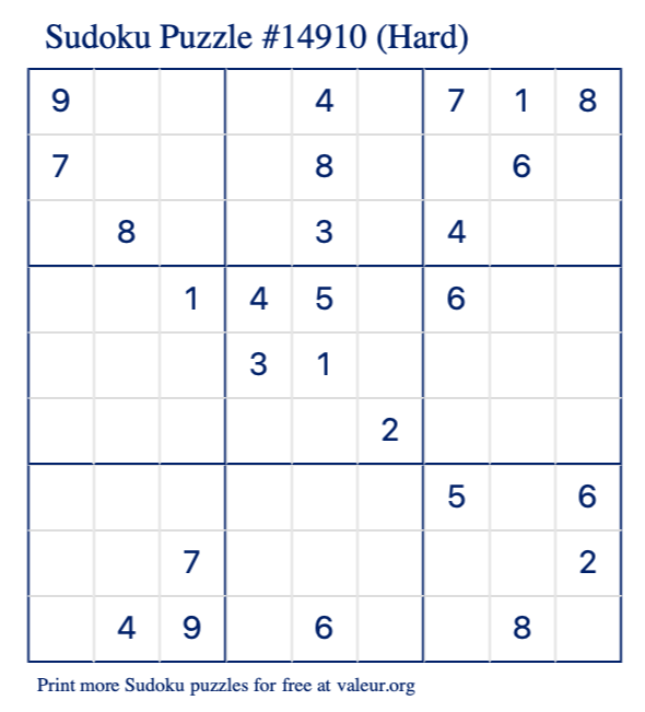 Free Printable Hard Sudoku Puzzle number 14910