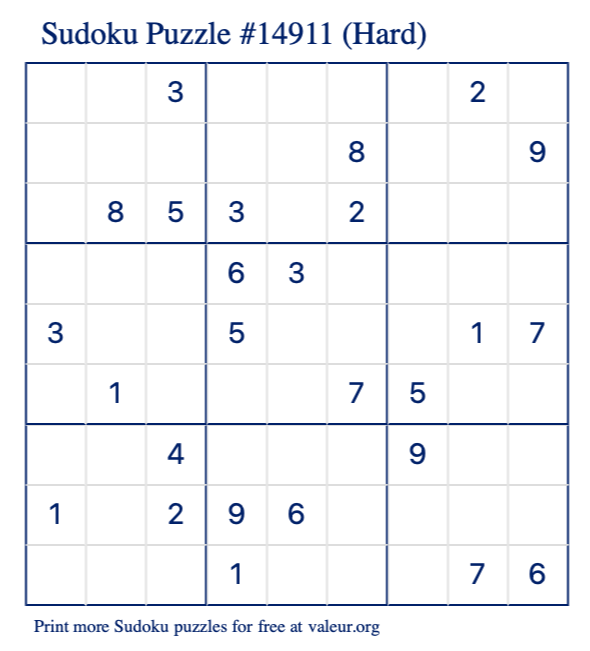 Free Printable Hard Sudoku Puzzle number 14911