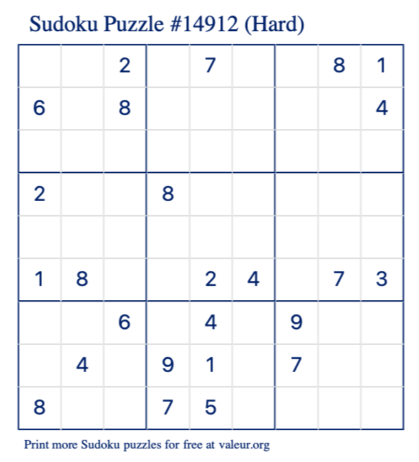 Free Printable Hard Sudoku Puzzle number 14912