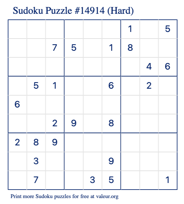 Free Printable Hard Sudoku Puzzle number 14914