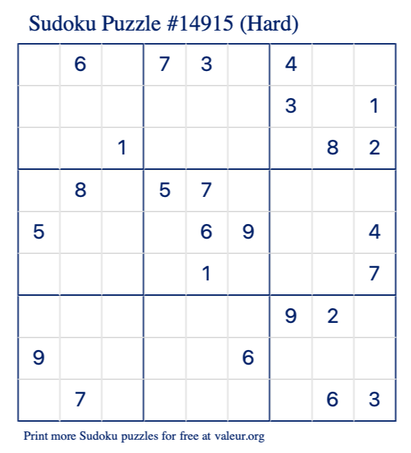 Free Printable Hard Sudoku Puzzle number 14915