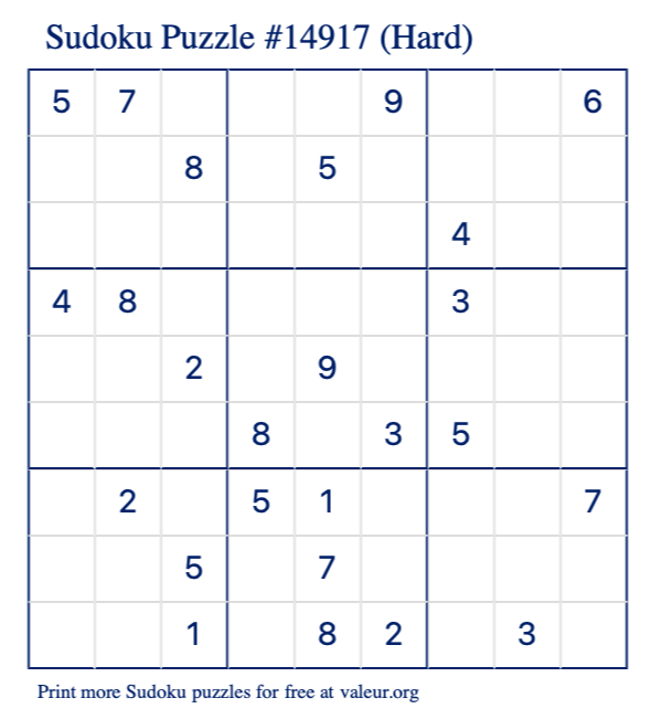 Free Printable Hard Sudoku Puzzle number 14917