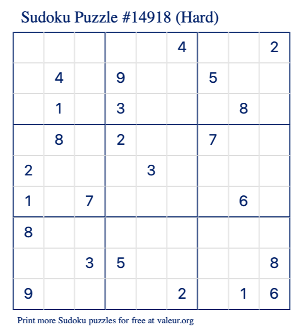 Free Printable Hard Sudoku Puzzle number 14918