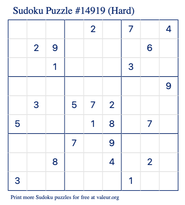 Free Printable Hard Sudoku Puzzle number 14919
