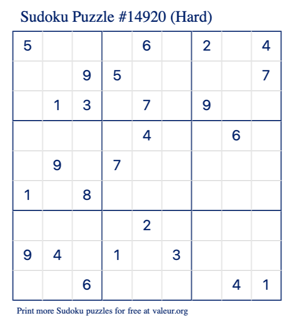 Free Printable Hard Sudoku Puzzle number 14920