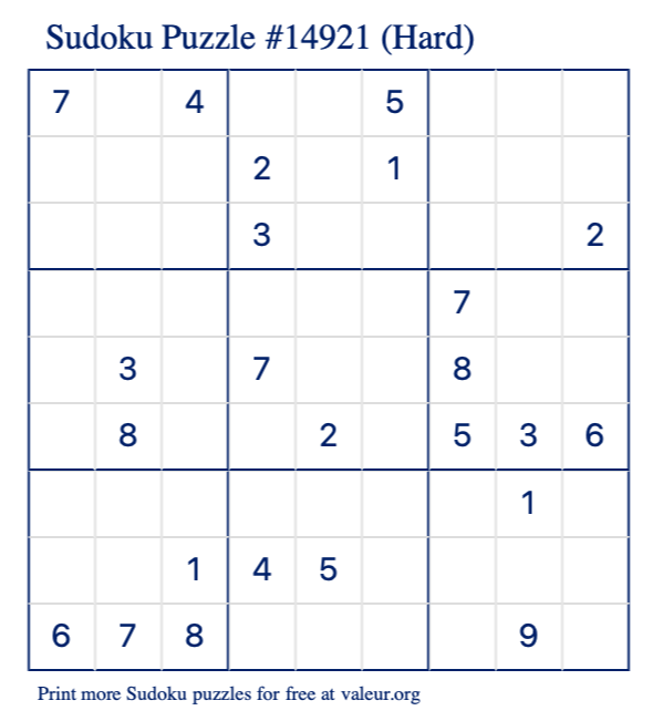 Free Printable Hard Sudoku Puzzle number 14921