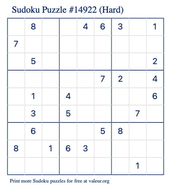 Free Printable Hard Sudoku Puzzle number 14922