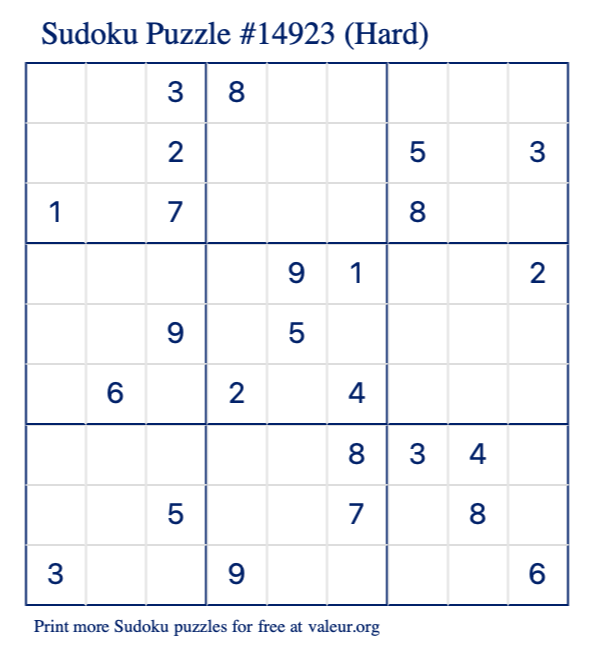 Free Printable Hard Sudoku Puzzle number 14923