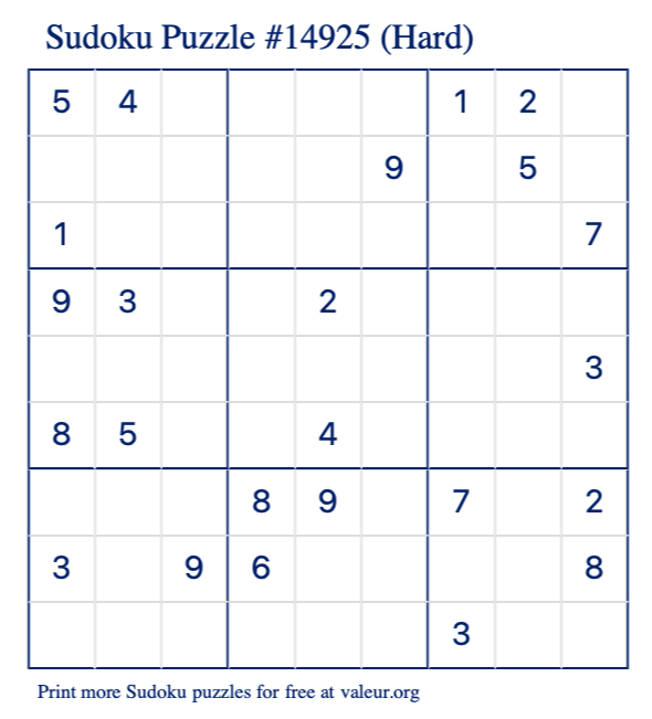 Free Printable Hard Sudoku Puzzle number 14925