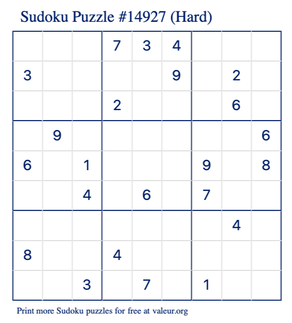 Free Printable Hard Sudoku Puzzle number 14927