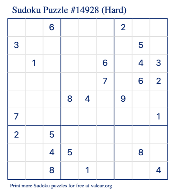 Free Printable Hard Sudoku Puzzle number 14928