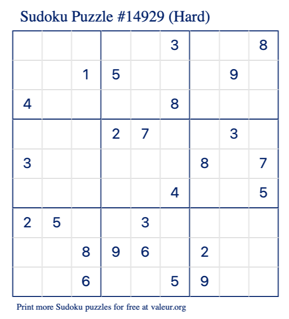 Free Printable Hard Sudoku Puzzle number 14929