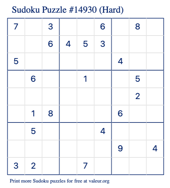 Free Printable Hard Sudoku Puzzle number 14930