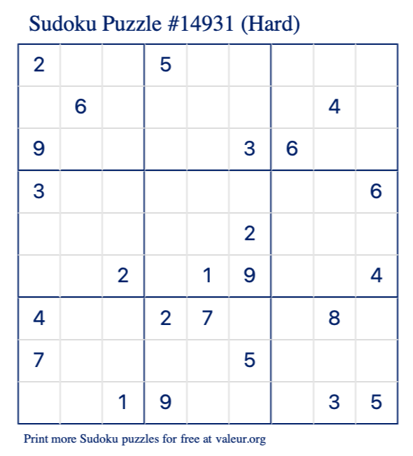 Free Printable Hard Sudoku Puzzle number 14931
