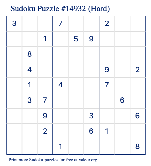 Free Printable Hard Sudoku Puzzle number 14932