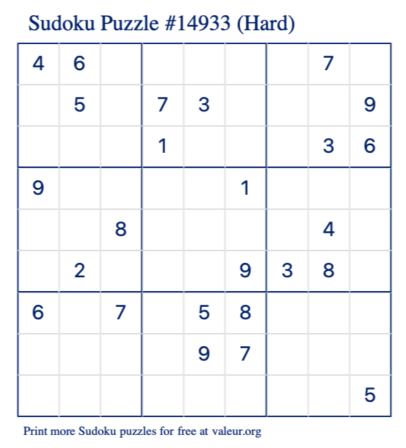 Free Printable Hard Sudoku Puzzle number 14933