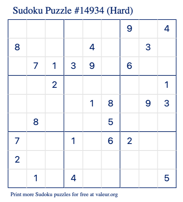 Free Printable Hard Sudoku Puzzle number 14934