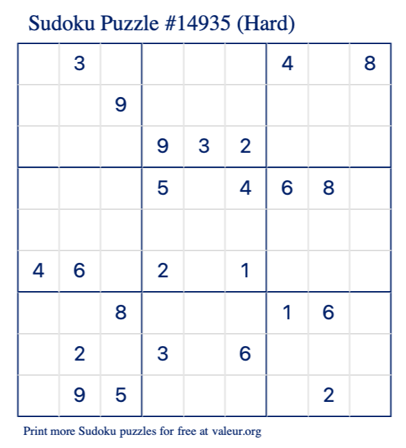 Free Printable Hard Sudoku Puzzle number 14935