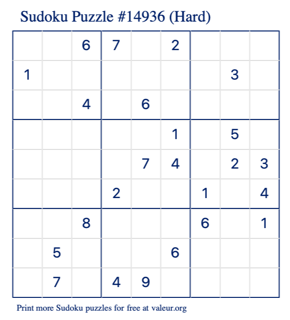 Free Printable Hard Sudoku Puzzle number 14936